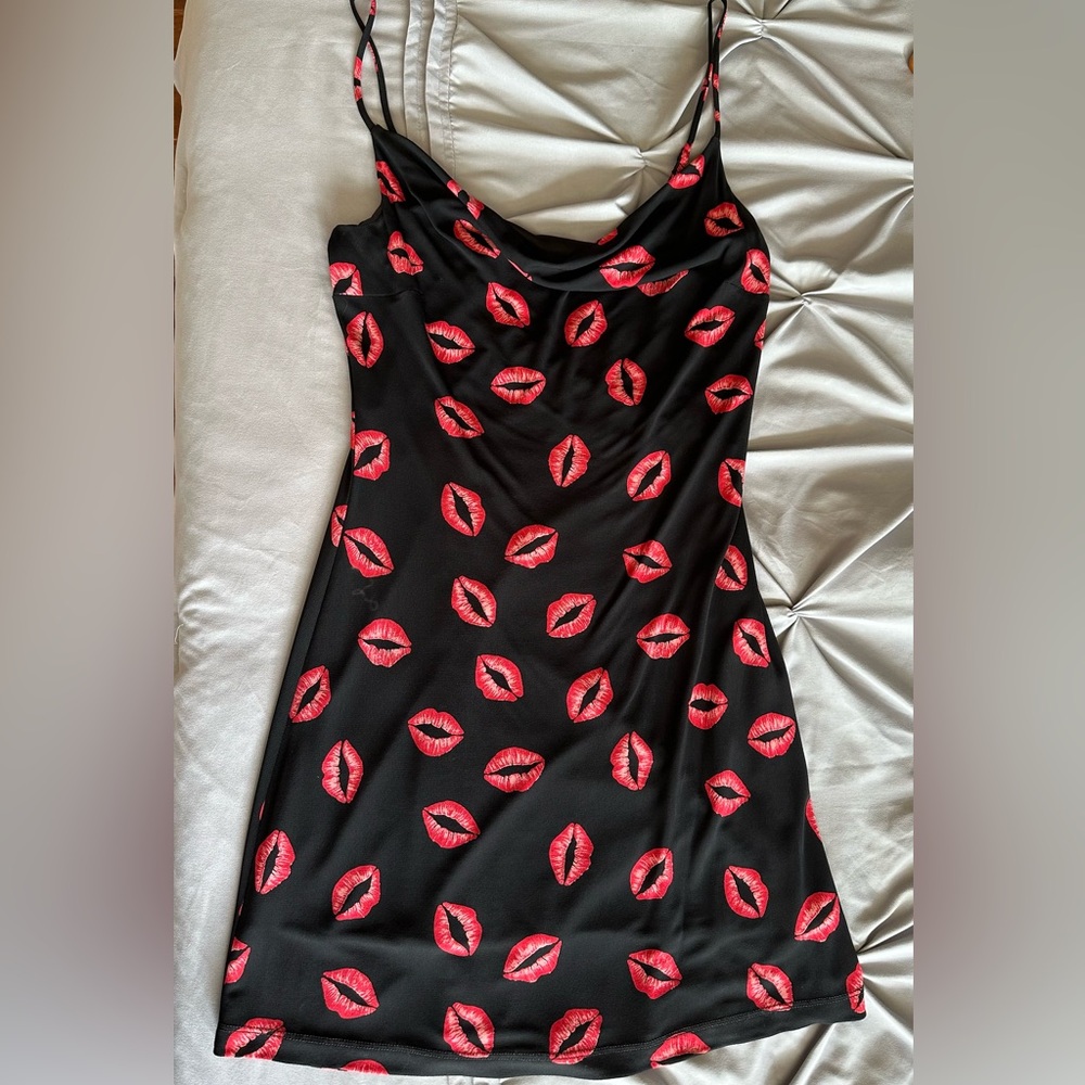 Bebe Kiss Print Black Slip Dress with spaghetti straps - Vintage Y2K